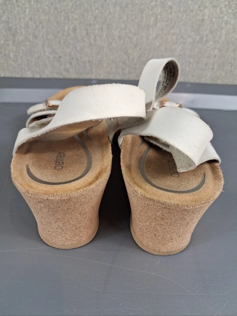 Aetrex Lexa Quarter Strap Cork Wedge Sandals Ivory Leather Built-in Orthotic